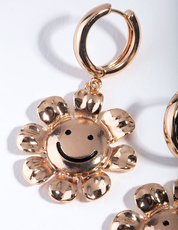 Gold Smiley Flower Drop Earrings