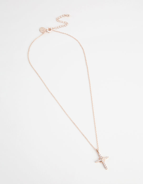 Rose Gold Cross & Diamante Necklace