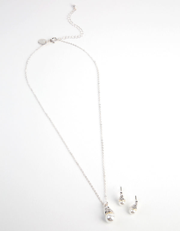 Silver Royal Pearl Necklace & Earrings Set