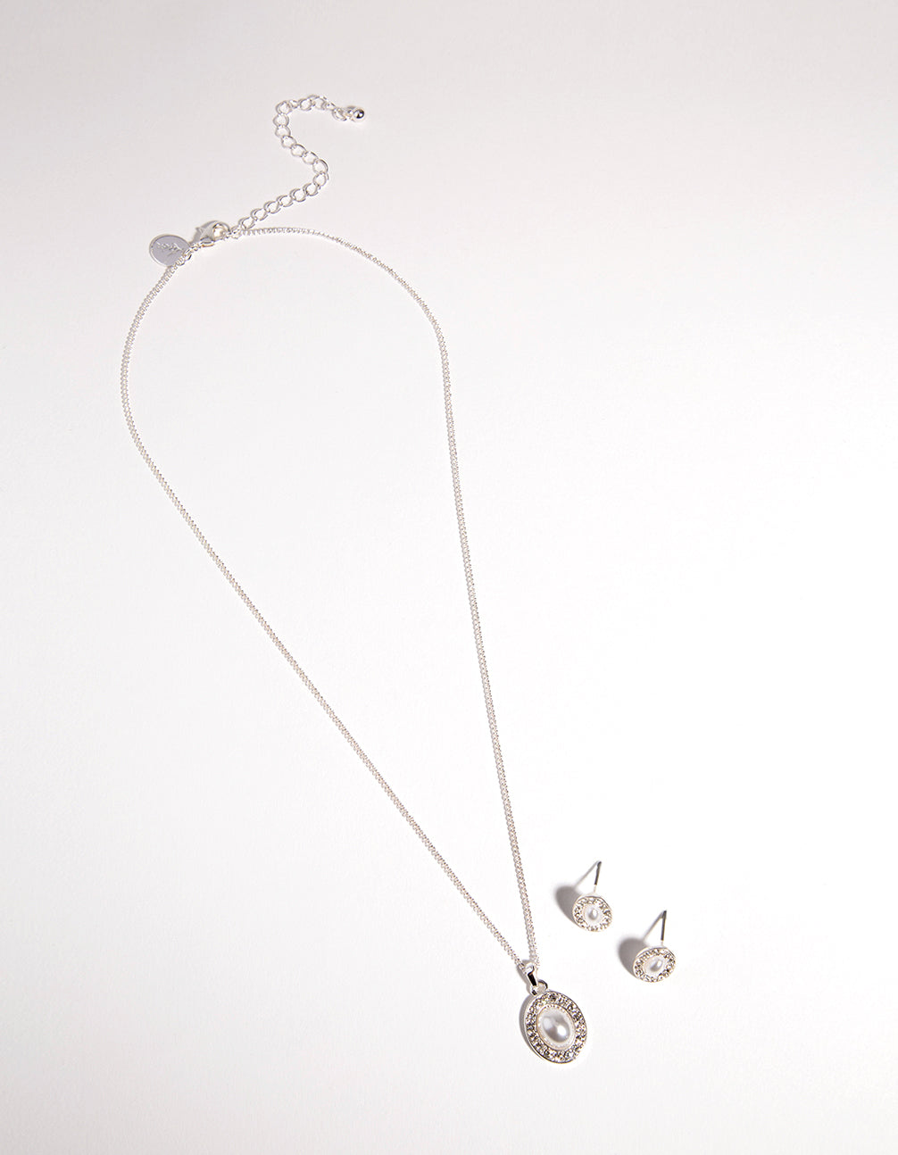 Silver Oval Pearl Diamante Necklace & Earrings Set