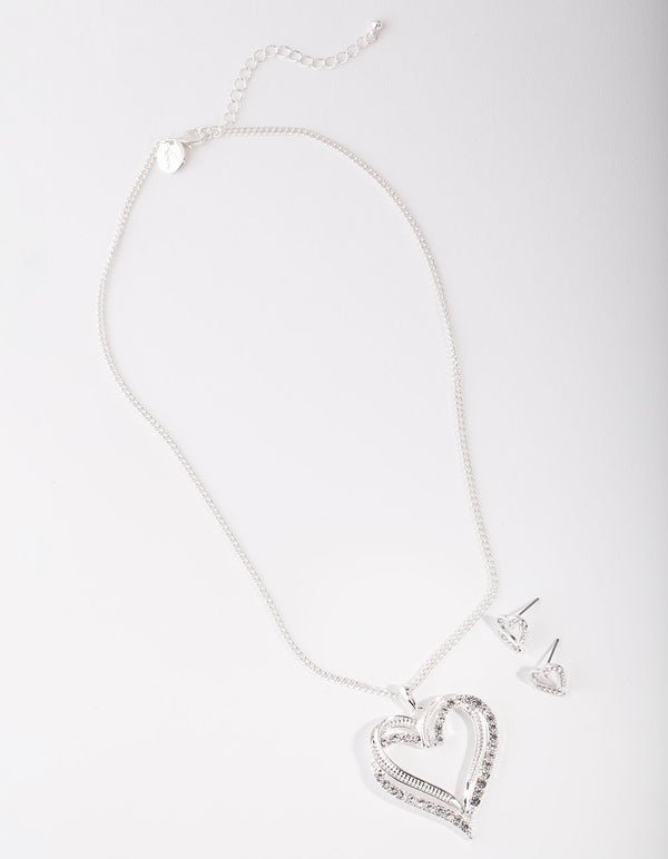 Silver Diamante Twist Heart Necklace Earrings