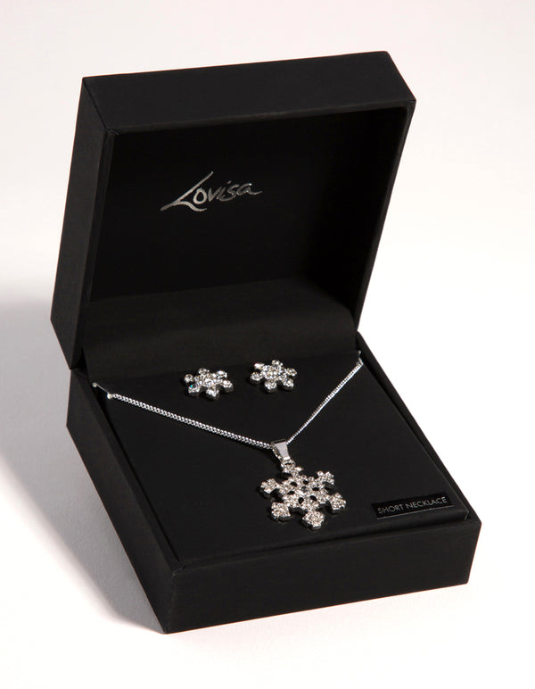 Silver Diamante Snowflake Necklace Earrings