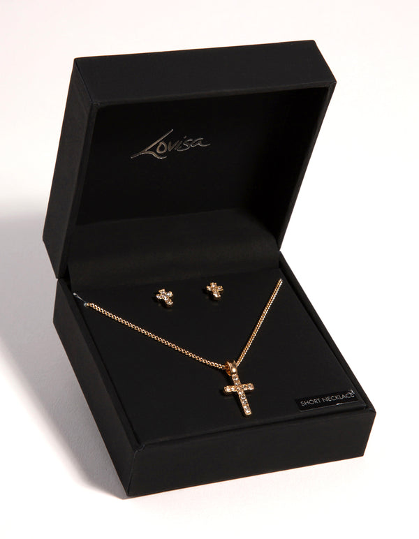 Gold Small Diamante Cross Necklace & Earrings Set