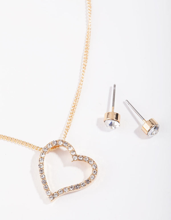 Gold Diamante Heart Pendant Necklace & Earring Set