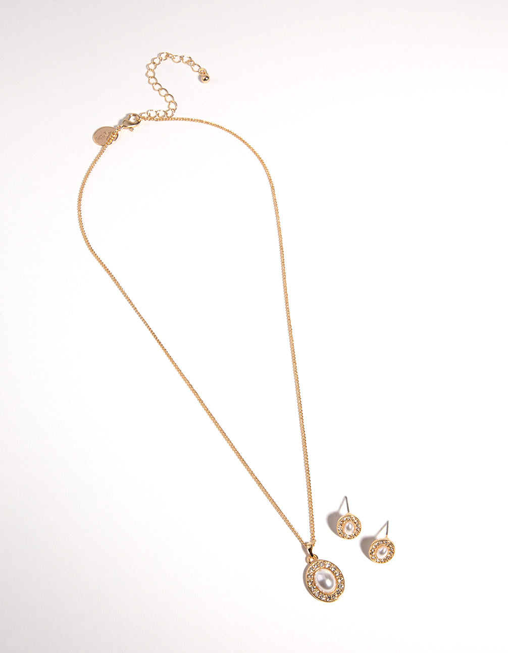Gold Oval Pearl Diamante Necklace & Earrings Set
