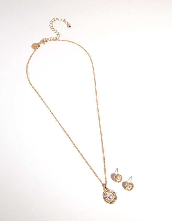 Gold Oval Pearl Diamante Necklace & Earrings Set