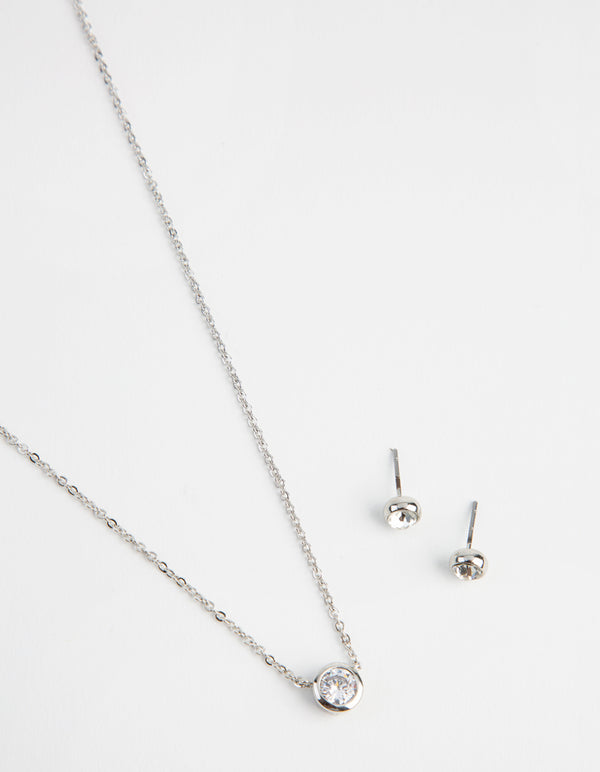 Silver Circle Diamante Pendant Necklace & Earrings Set