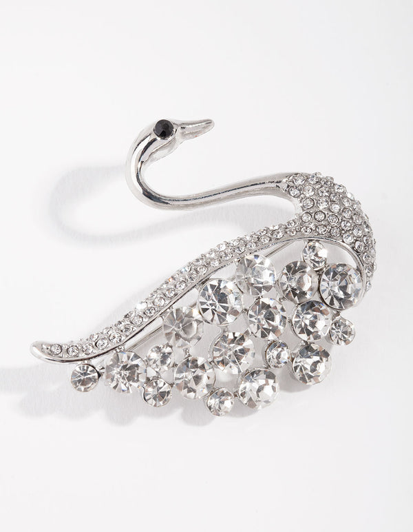 Silver Large Diamante Swan Broach