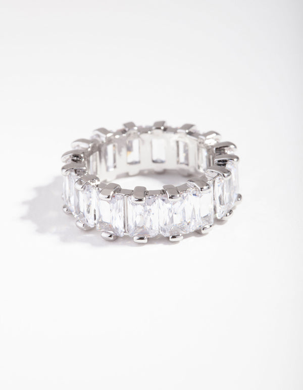 Rhodium Cubic Zirconia Rectangular Band Ring