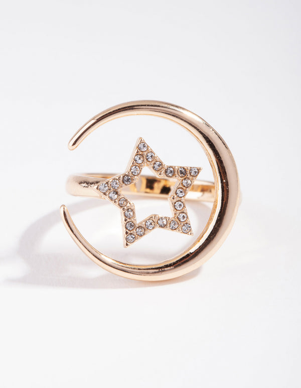 Gold Crystal Star Cresent Moon Ring