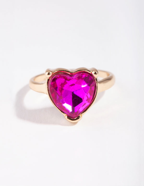 Gold Diamante Pink Heart Ring