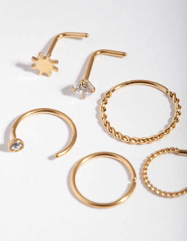 Surgical Steel Gold Sun Twist Diamante Nose Ring 6-Pack