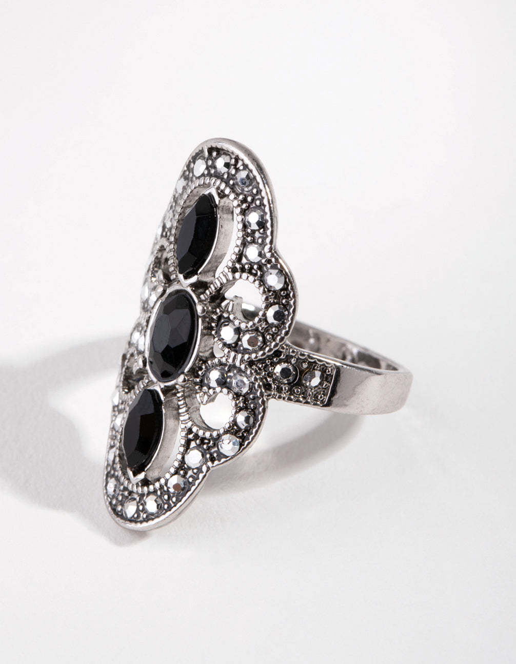 Antique Silver Jet Stone Twist Ring
