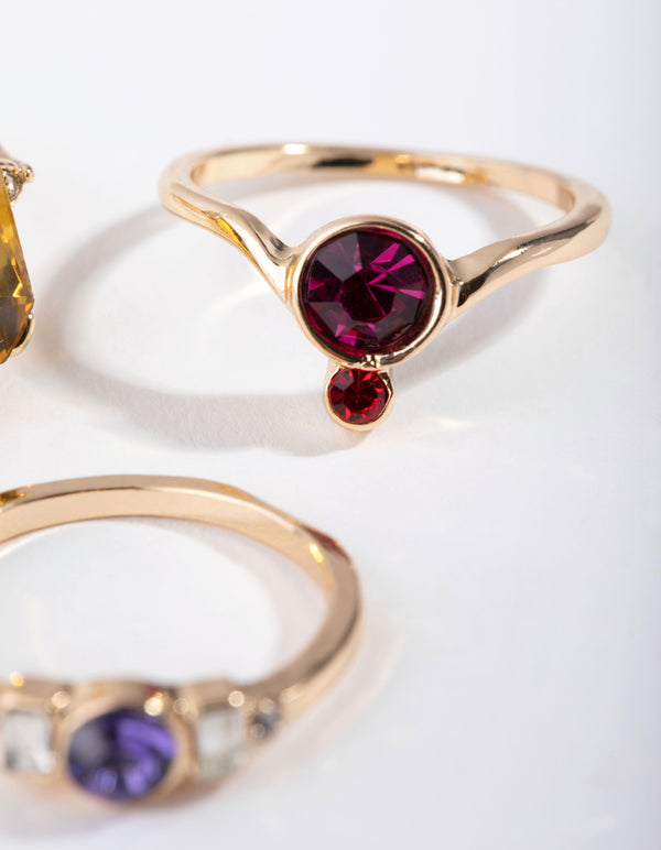 Gold Multi Diamante Pack Rings