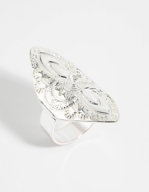 Antique Silver Oval Etched Shield Ring