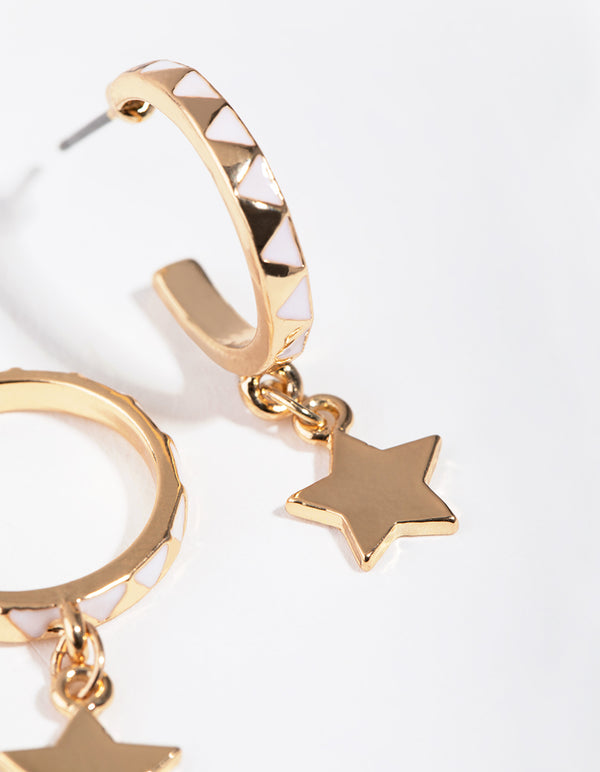 Gold Enamel Zigzag Star Hoop Earrings