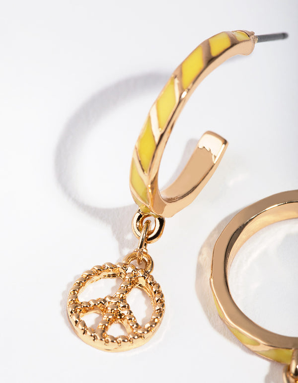 Gold Enamel Peace Hoop Earrings