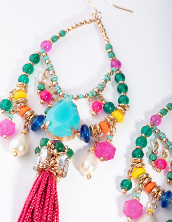 Gold Statement Beads & Tassel Earrings