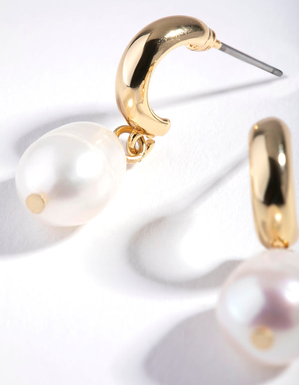 Gold Freshwater Pearl Drop Huggie Earrings