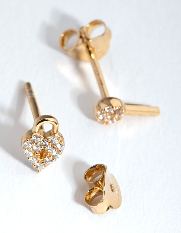 Gold Plated Sterling Silver Lock & Key Stud Earrings