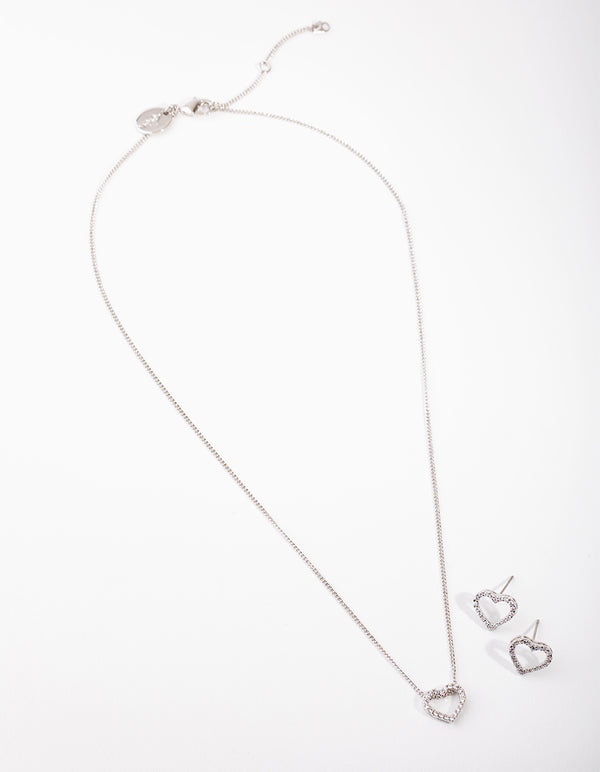 Silver Diamond Simulant Heart Necklace & Earrings Set