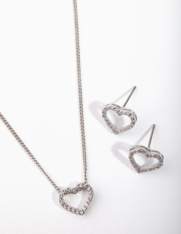 Silver Diamond Simulant Heart Necklace & Earrings Set