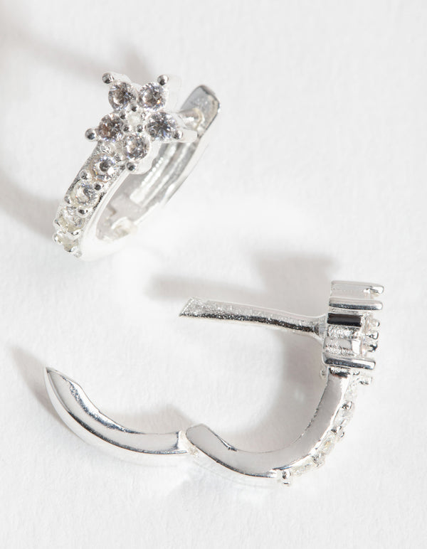 Sterling Silver Cubic Zirconia Flower Huggie Earrings