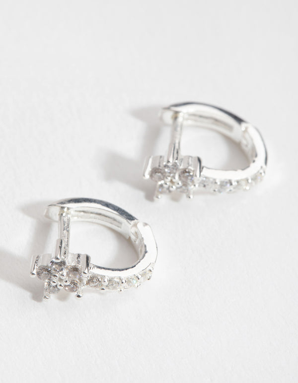 Sterling Silver Cubic Zirconia Flower Huggie Earrings