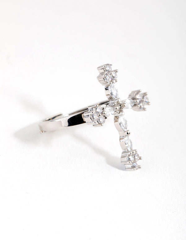 Silver Diamante Cross Ring