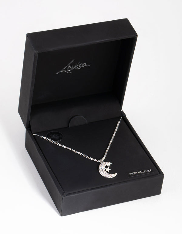 Silver Cubic Zirconia Moon & Star Necklace