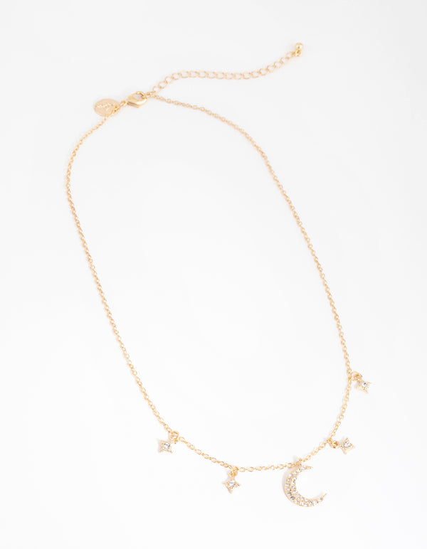 Gold Star & Moon Diamante Necklace