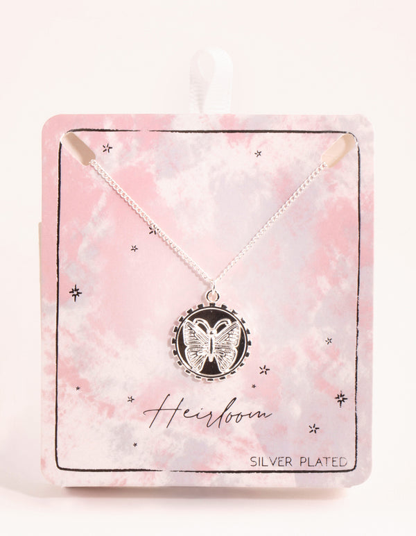 Silver Plated Butterfly Coin Necklace