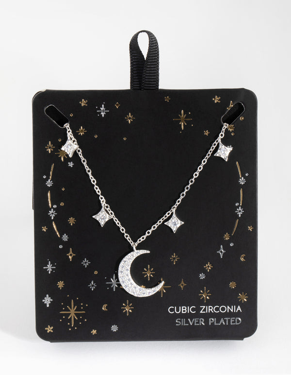 Silver Plated Cubic Zirconia Crescent Moon & Star Pendant Necklace