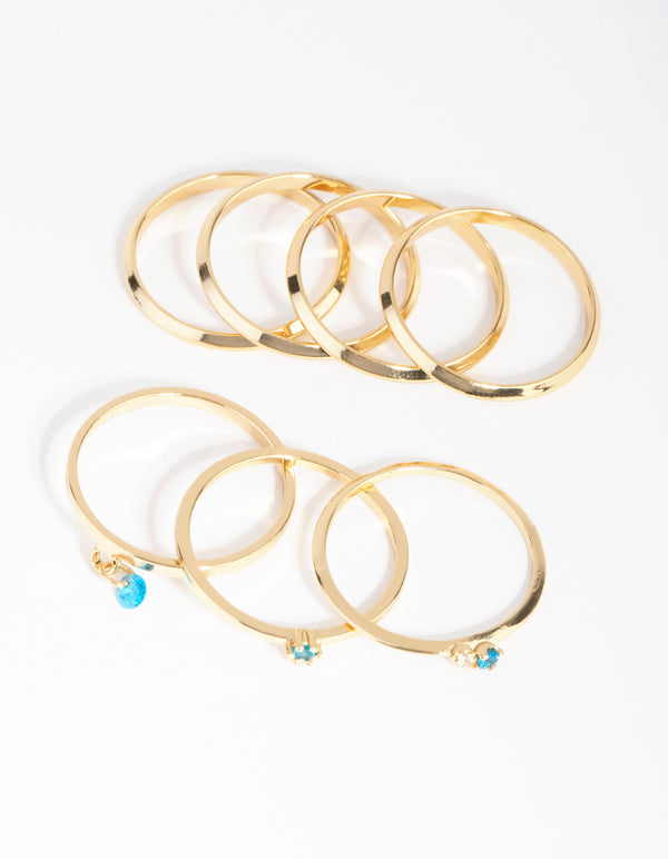 18ct Gold Plated December Blue Topaz Cubic Zirconia Ring 7-Pack