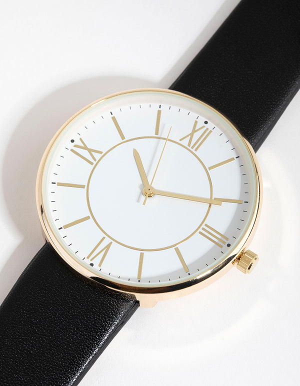 Gold Simple Roman PU Strap Watch