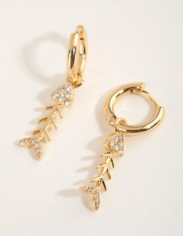 Gold Diamante Fishbone Huggie Earrings