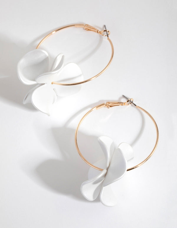Gold Pearlised White Flower Hoop Earrings