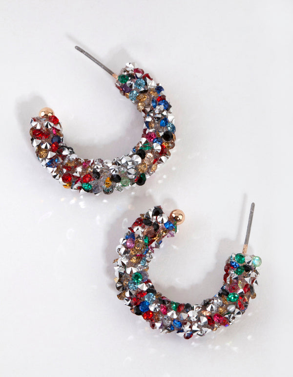 Silver Glitzy Glam Diamante Hoop Earrings