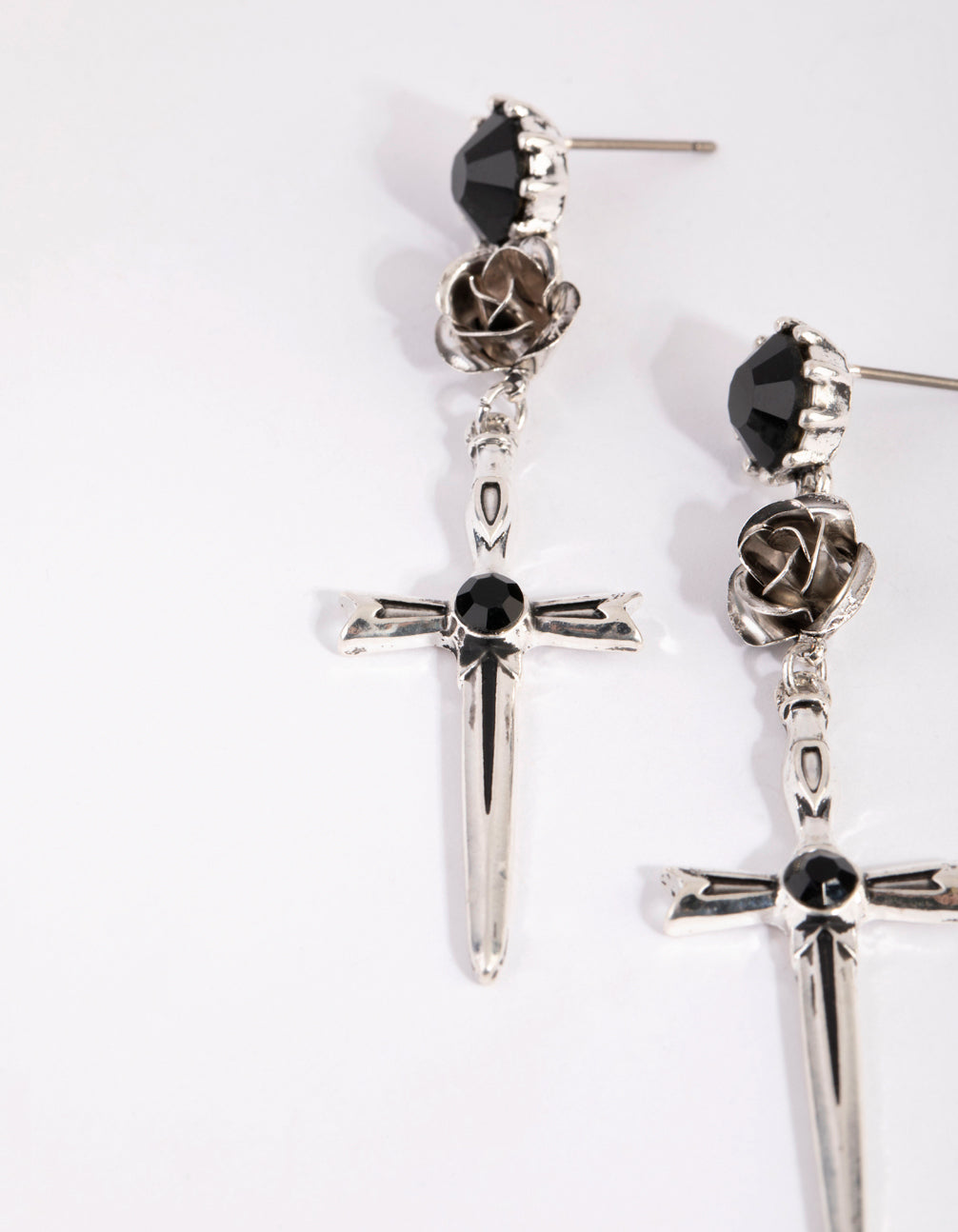 Antique Silver Rose & Sword Drop Earrings
