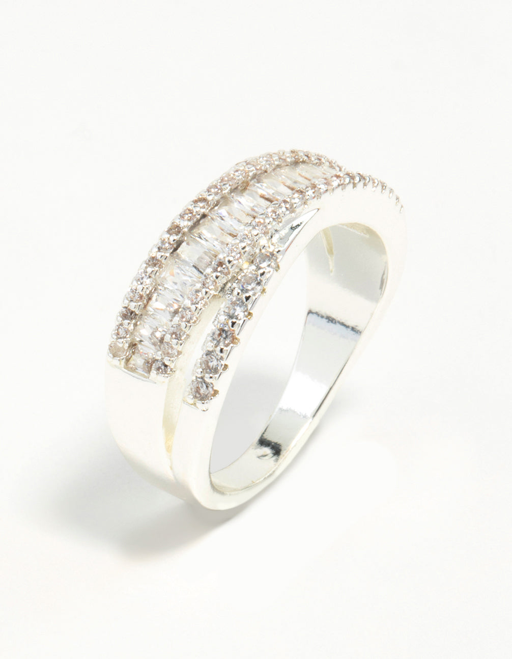 Silver Plated Cubic Zirconia Crossover Baguette Ring