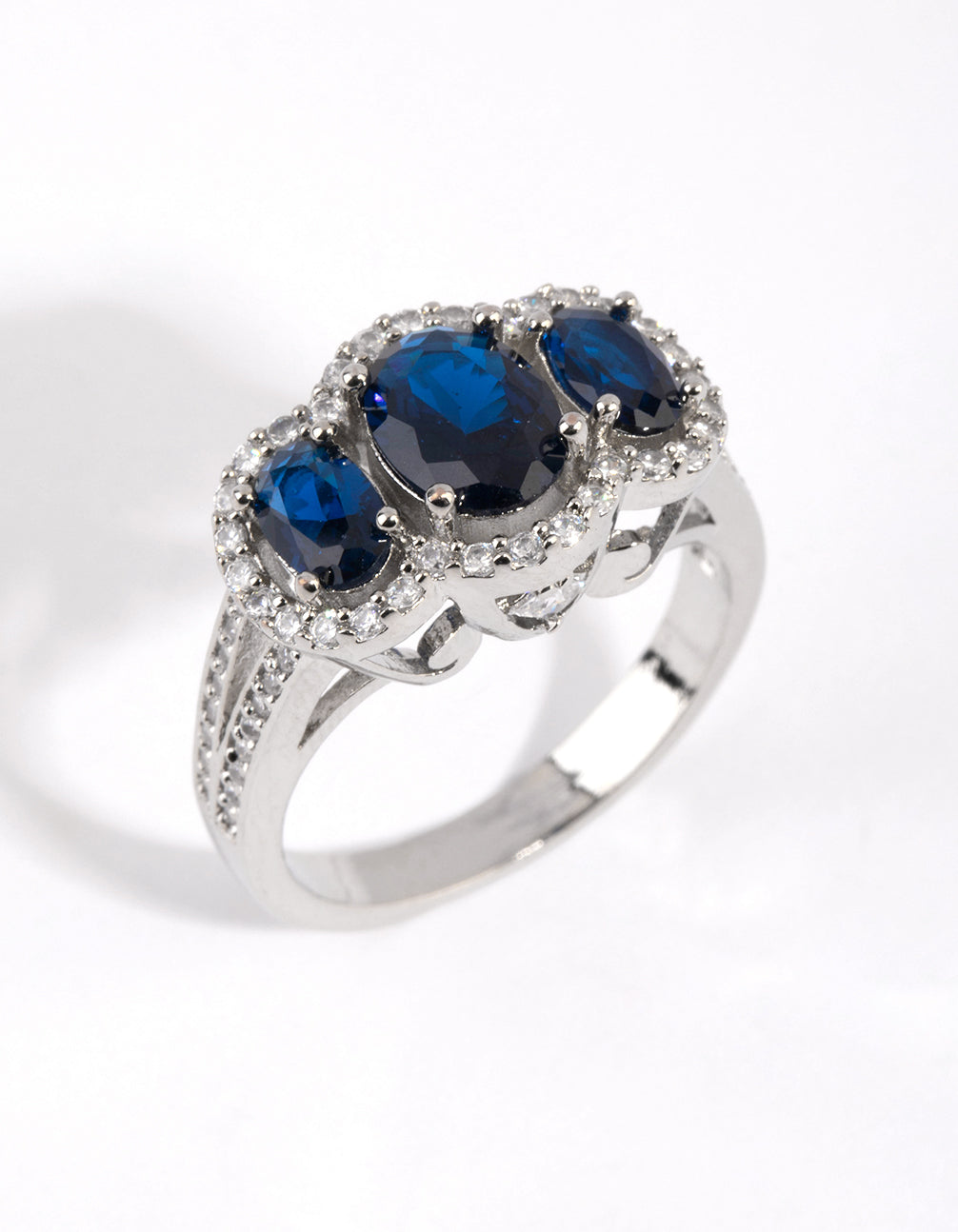 Silver Sapphire Cubic Zirconia Triple Stone Ring