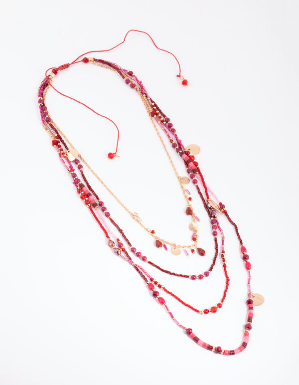Red Multi Layered Bead Jingle Necklace