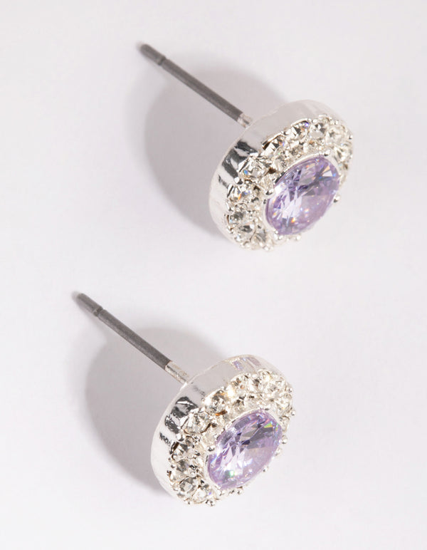 Silver & Lilac Diamond Simulant Halo Stud Earrings