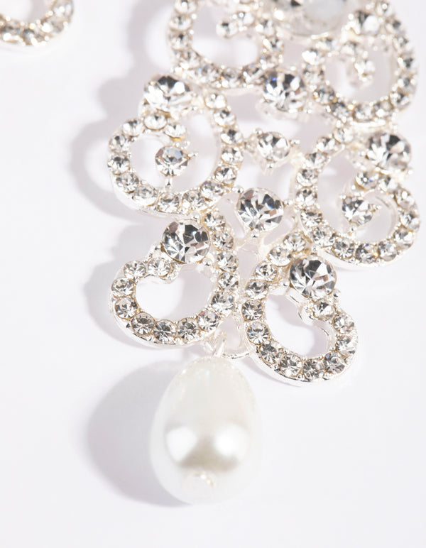 Silver Statement Diamante & Pearl Drop Earrings