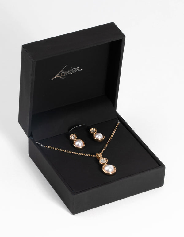 Gold Twisted Pearl Necklace & Earring Set