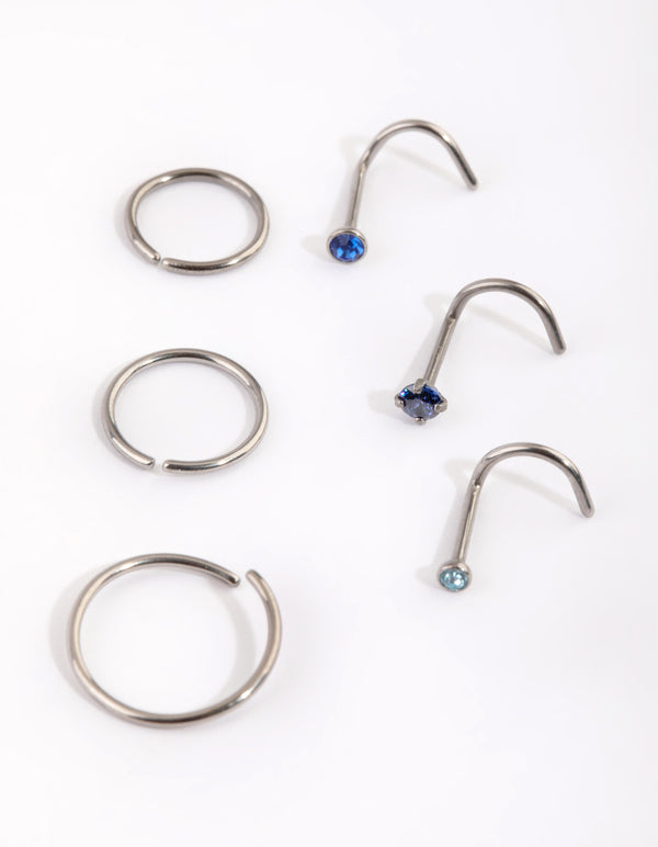 Titanium Diamante Nose Stud & Ring 6-Pack