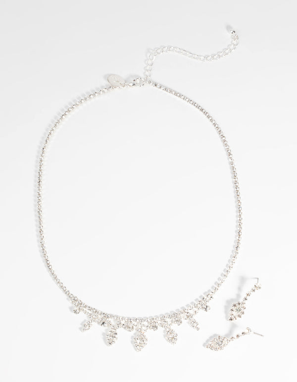 Silver Diamond Simulant Necklace & Earrings Set