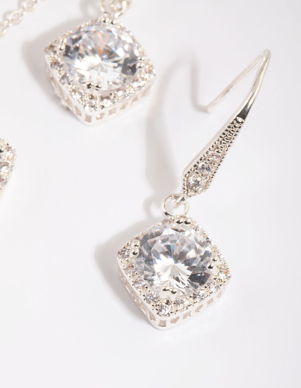 Silver Square Cut Cubic Zirconia Necklace & Earrings Set