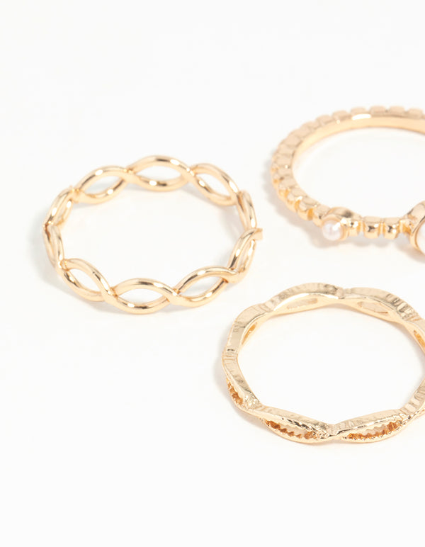 Gold Pearl & Twist Ring 5-Pack