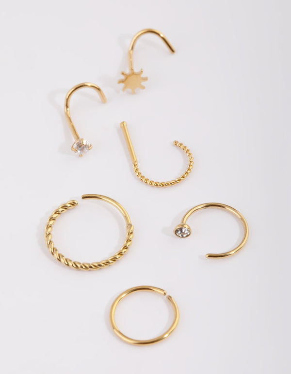Gold Plated Surgical Steel Diamante Twist Nose Stud 6-Pack